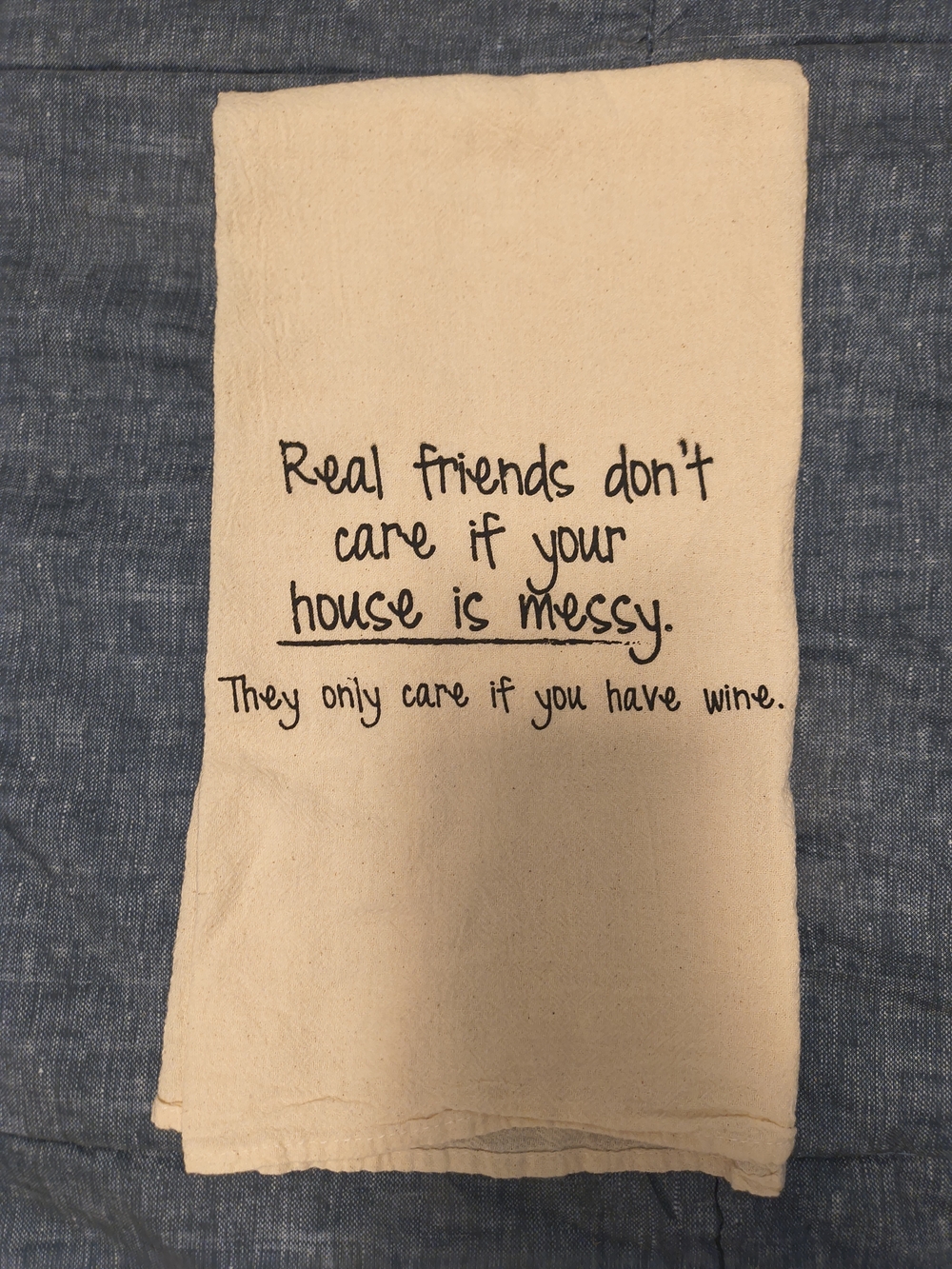 Canvas Kitchen Towel with Funny Wine Quote - Cream